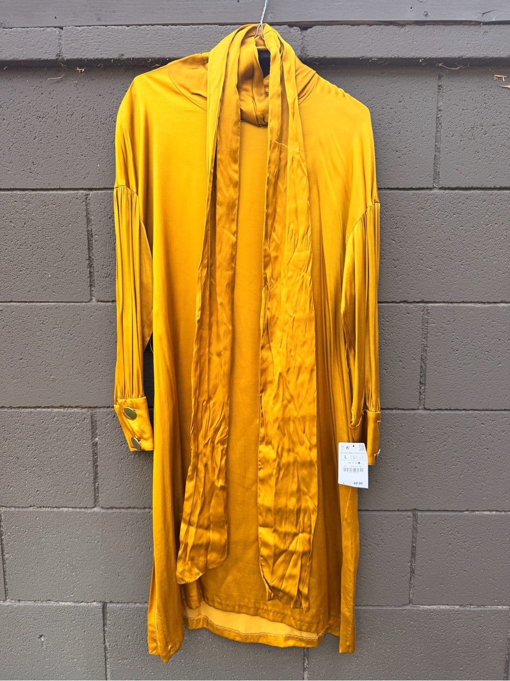Zara Mustard Yellow Long Open Trench with Scarf Detail